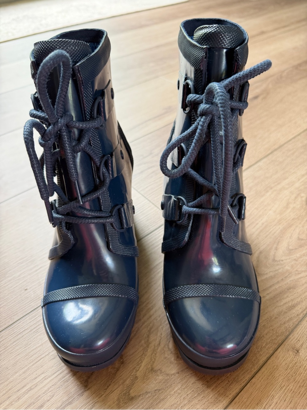 Sorel Joan Rain Wedge Gloss Navy Lace-Up Rain Boot Women's- Gorpcore - Picture 3 of 6